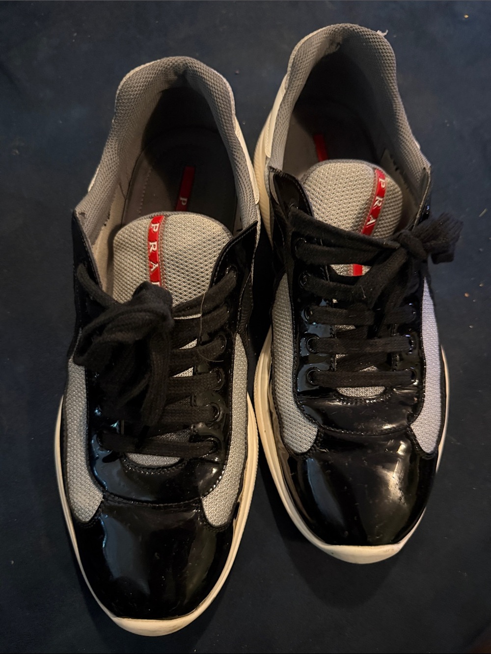 Prada Black Patent and Gray Mesh Men’s Low-Top Sneakers